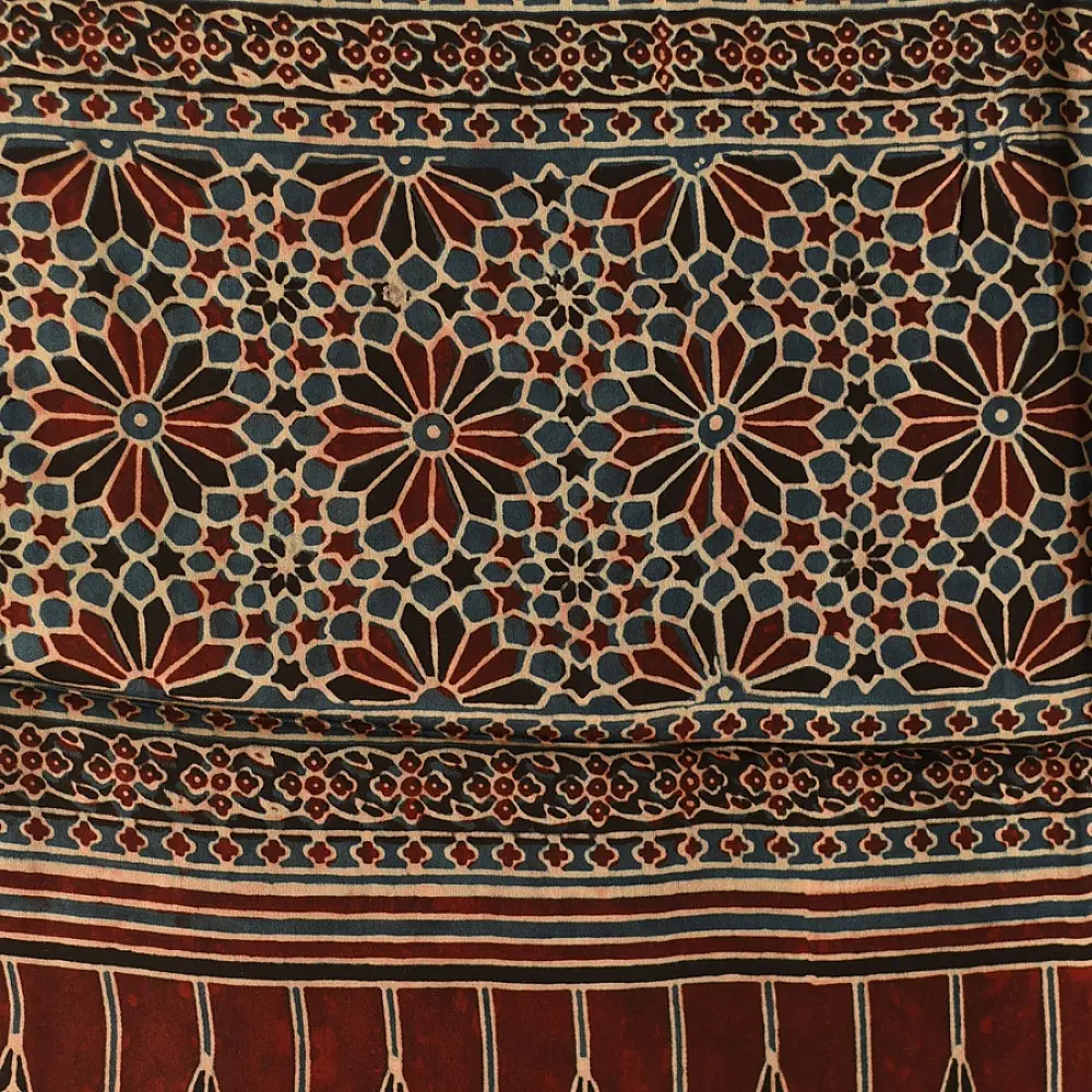 deep indigo blue madder red ajrakh silk stole hand block printed floral buta motif body ornate star medallion border traditional mihrab arched detail artisanal scarf sustainable fashion natural dyed with tassels
