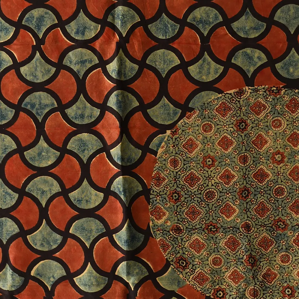 mulberry silk ajrakh dupatta terracotta red indigo blue large circular chand block print hand block printed natural dyed silk dupatta