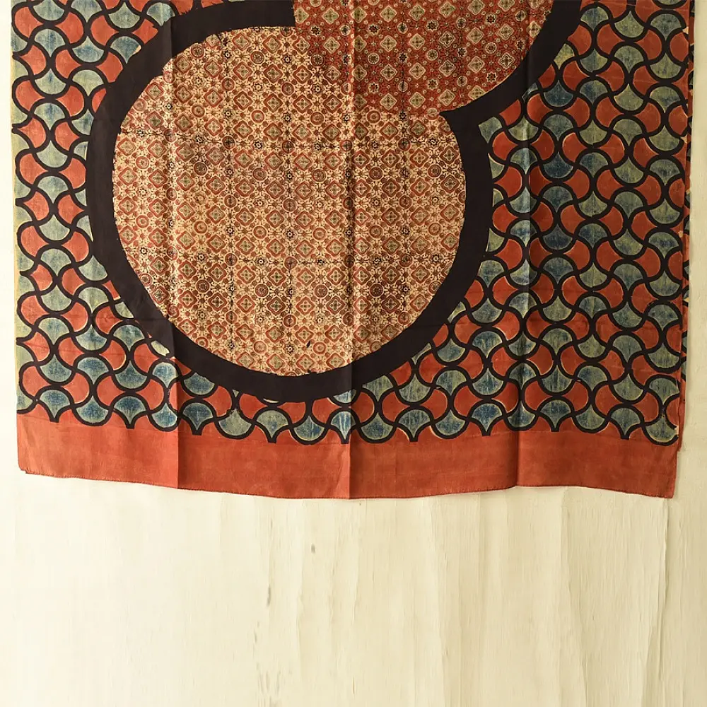 mulberry silk ajrakh dupatta terracotta red indigo blue large circular chand block print hand block printed natural dyed silk dupatta