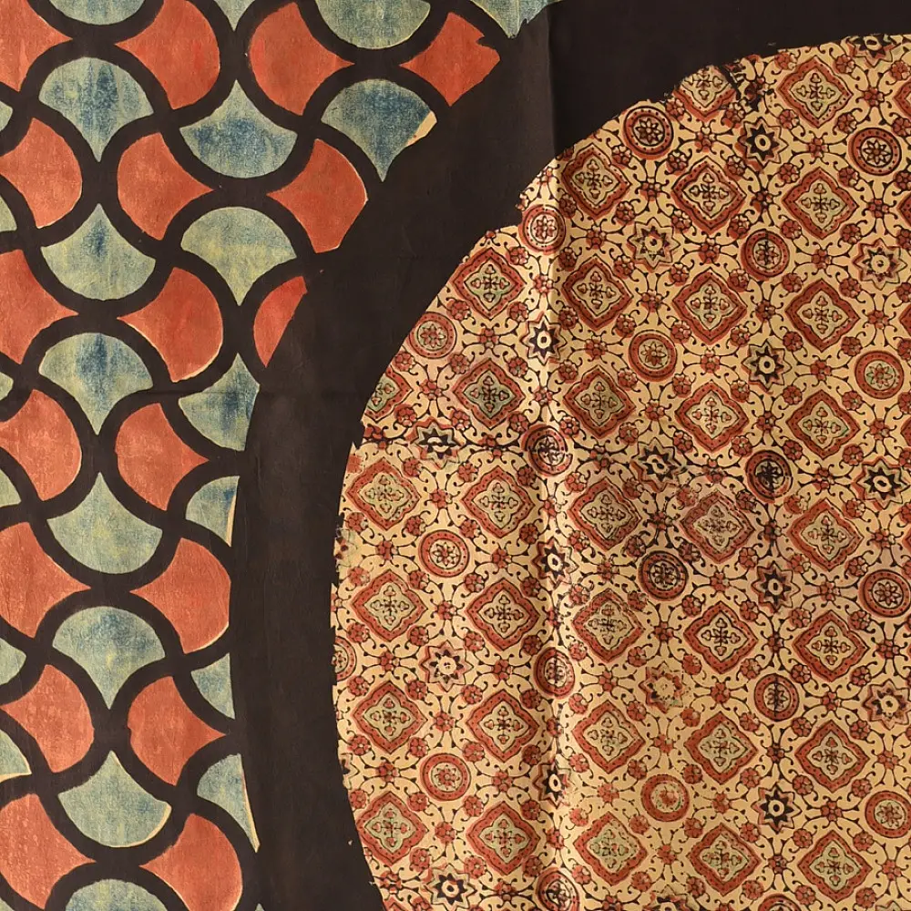 mulberry silk ajrakh dupatta terracotta red indigo blue large circular chand block print hand block printed natural dyed silk dupatta