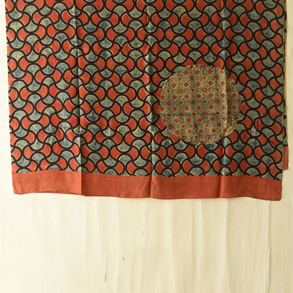mulberry silk ajrakh dupatta terracotta red indigo blue large circular chand block print hand block printed natural dyed silk dupatta