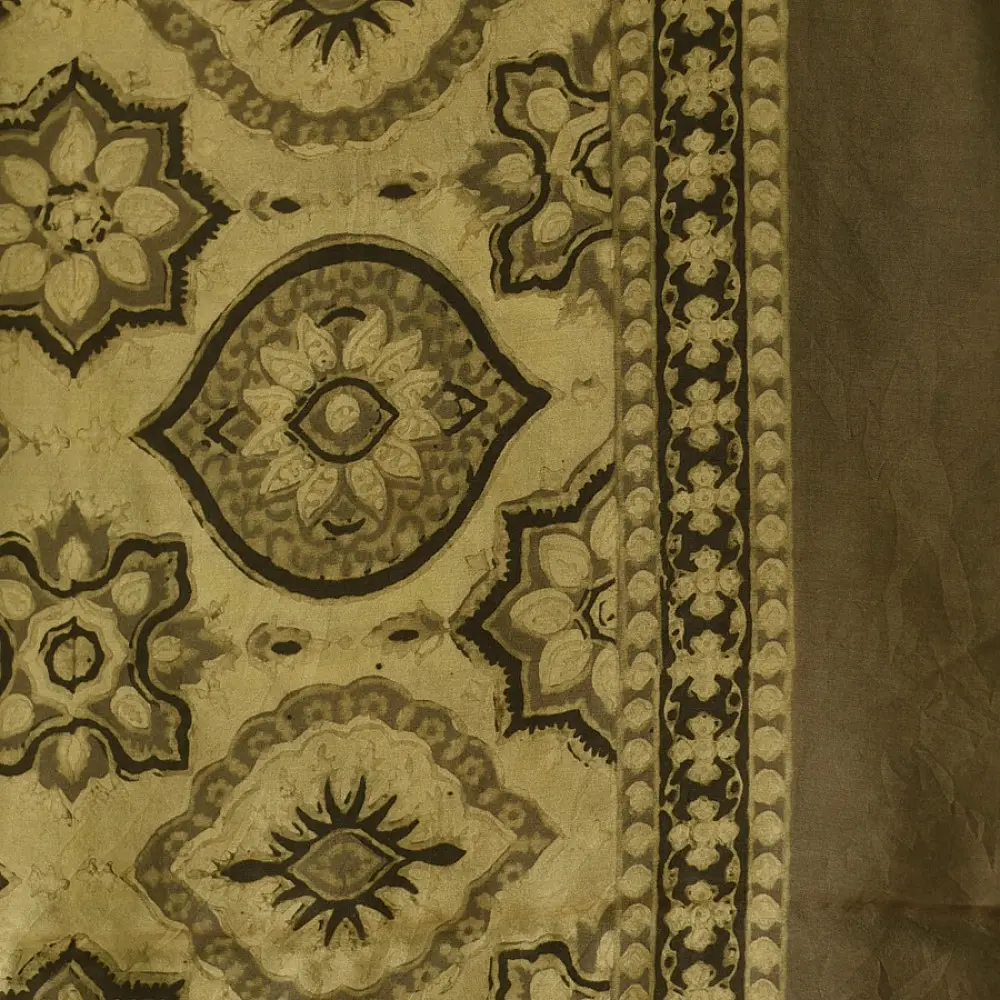 beige gold ajrakh cotton square scarf olive brown floral medallion sun motif block print hand block printed natural dyed scarf tassels