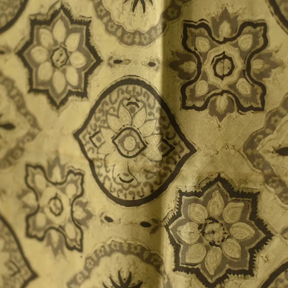 beige gold ajrakh cotton square scarf olive brown floral medallion sun motif block print hand block printed natural dyed scarf tassels