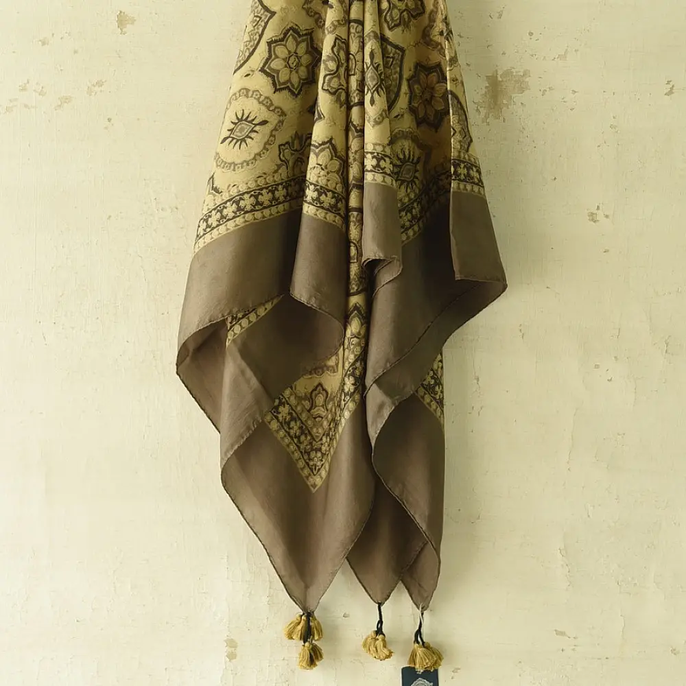 beige gold ajrakh cotton square scarf olive brown floral medallion sun motif block print hand block printed natural dyed scarf tassels
