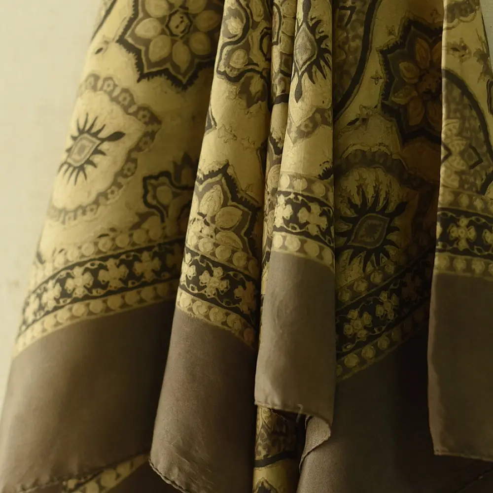 beige gold ajrakh cotton square scarf olive brown floral medallion sun motif block print hand block printed natural dyed scarf tassels