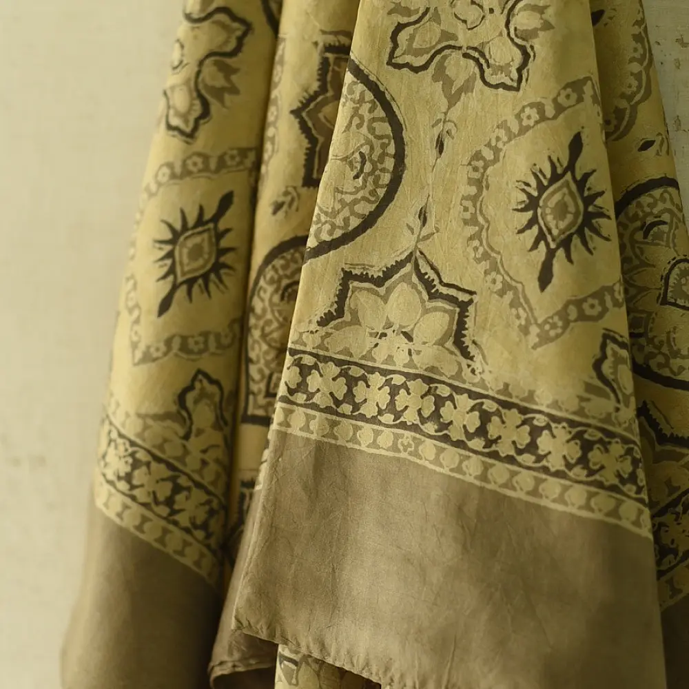 beige gold ajrakh cotton square scarf olive brown floral medallion sun motif block print hand block printed natural dyed scarf tassels
