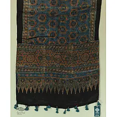 Ajrakh Block Printe Mashru Stole - Black & Blue