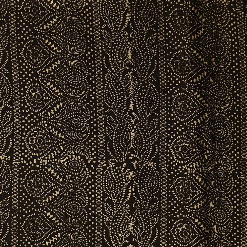 black gold ajrakh cotton stole hand block printed bundi tiny dot body ornate circular mandala border traditional mihrab arched detail artisanal scarf sustainable fashion natural dyed with tassels