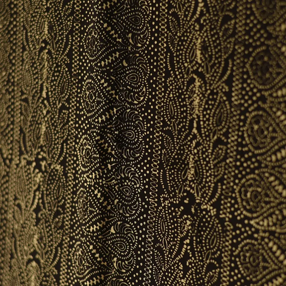 black gold ajrakh cotton stole hand block printed bundi tiny dot body ornate circular mandala border traditional mihrab arched detail artisanal scarf sustainable fashion natural dyed with tassels