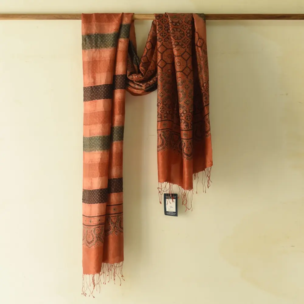 buy Ajrakh Mulberry Silk Dupatta - Natural dyed - Brown Stripes