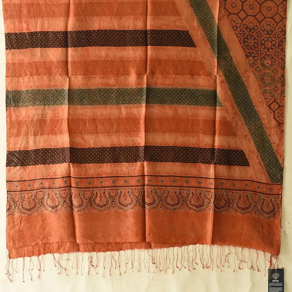 buy Ajrakh Mulberry Silk Dupatta - Natural dyed - Brown Stripes