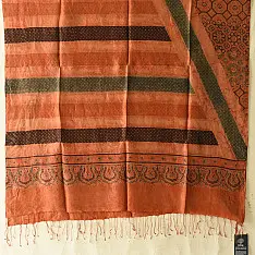 Ajrakh Mulberry Silk Dupatta | Natural dyed - Brown Stripes 