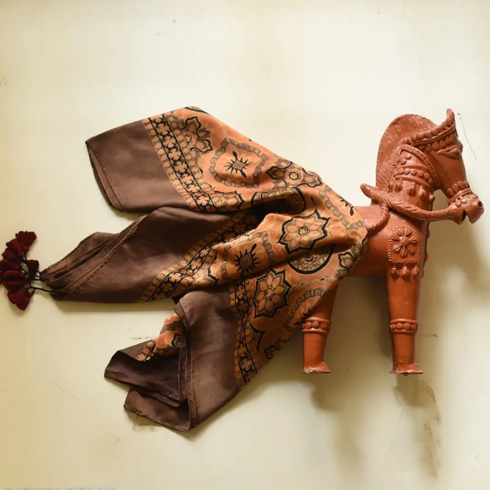 mustard orange ajrakh cotton square scarf black brown geometric sun floral medallion block print hand block printed natural dyed scarf tassels