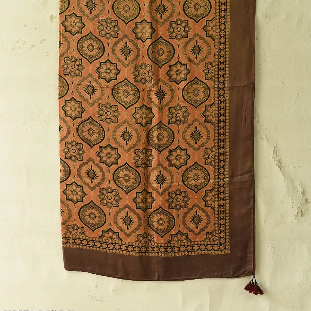 mustard orange ajrakh cotton square scarf black brown geometric sun floral medallion block print hand block printed natural dyed scarf tassels