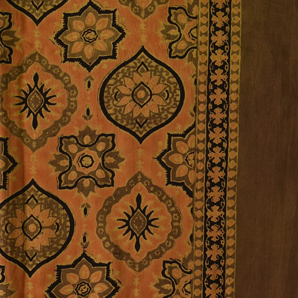 mustard orange ajrakh cotton square scarf black brown geometric sun floral medallion block print hand block printed natural dyed scarf tassels