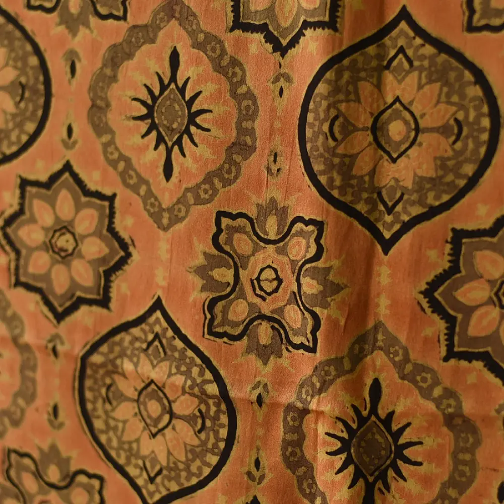 mustard orange ajrakh cotton square scarf black brown geometric sun floral medallion block print hand block printed natural dyed scarf tassels