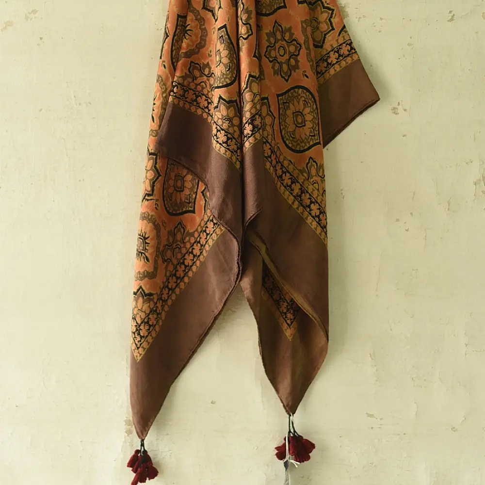 mustard orange ajrakh cotton square scarf black brown geometric sun floral medallion block print hand block printed natural dyed scarf tassels