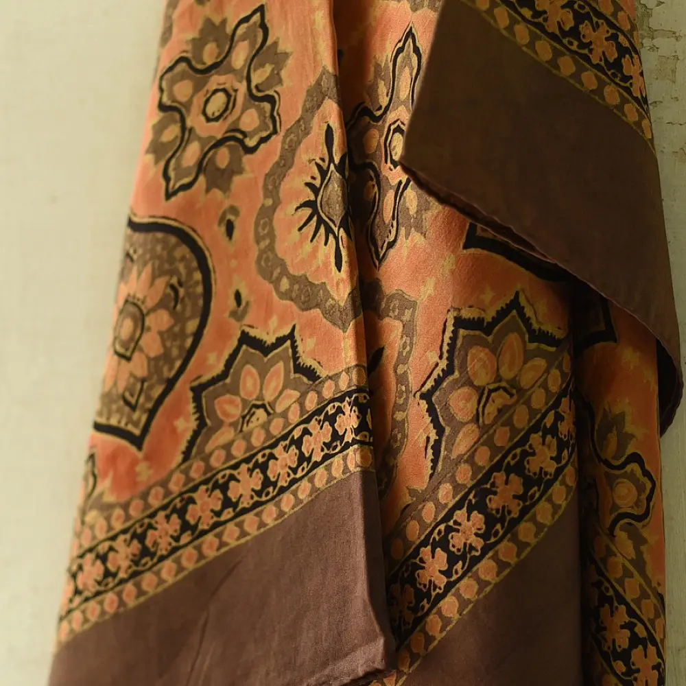 mustard orange ajrakh cotton square scarf black brown geometric sun floral medallion block print hand block printed natural dyed scarf tassels