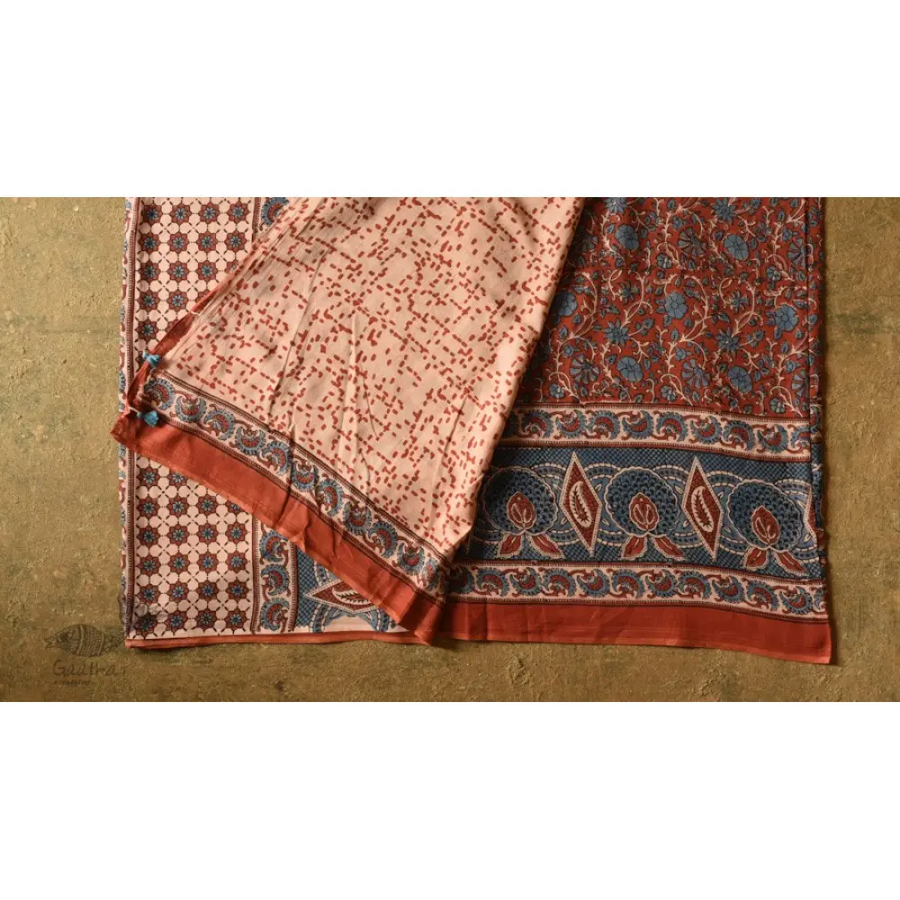 shop Ajrakh Hand Block Printed - Mul Soft Cotton Saree