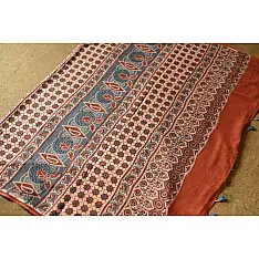 Charu . चारु | Ajrakh Hand Block Printe - Mulmul Cotton Saree - Brick Red