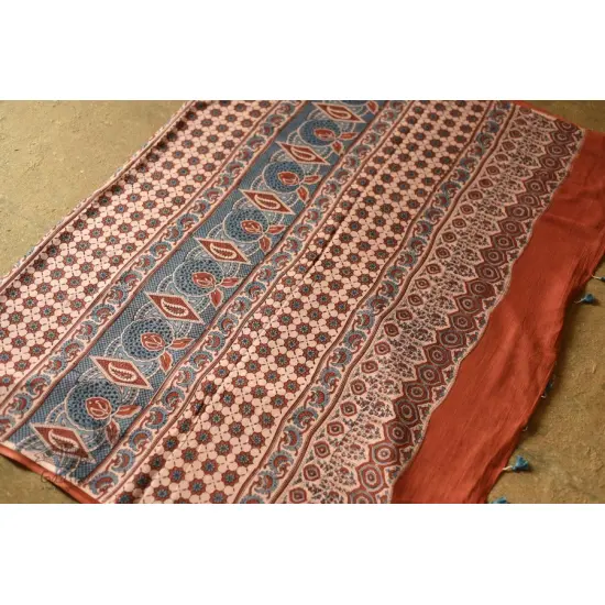 shop Ajrakh Hand Block Printed - Mul Soft Cotton Saree