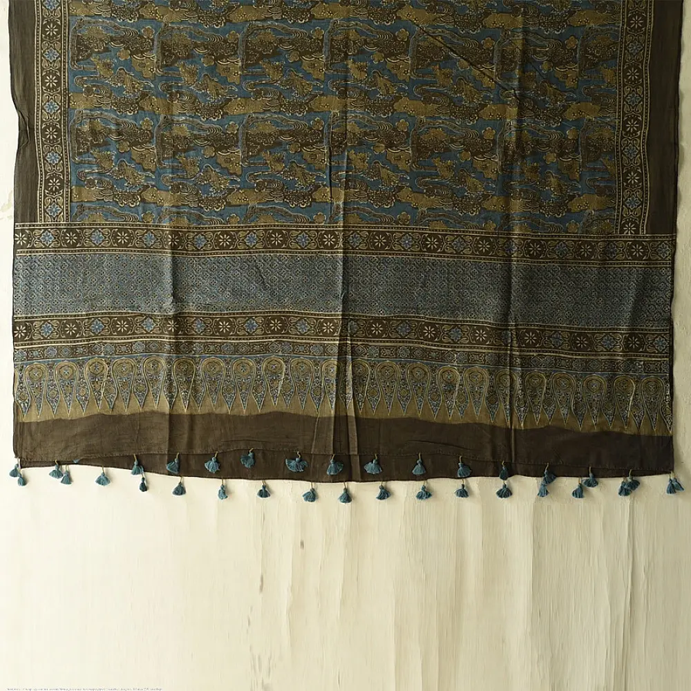Premium Ajrakh block printed pure cotton dupatta with intricate detailing