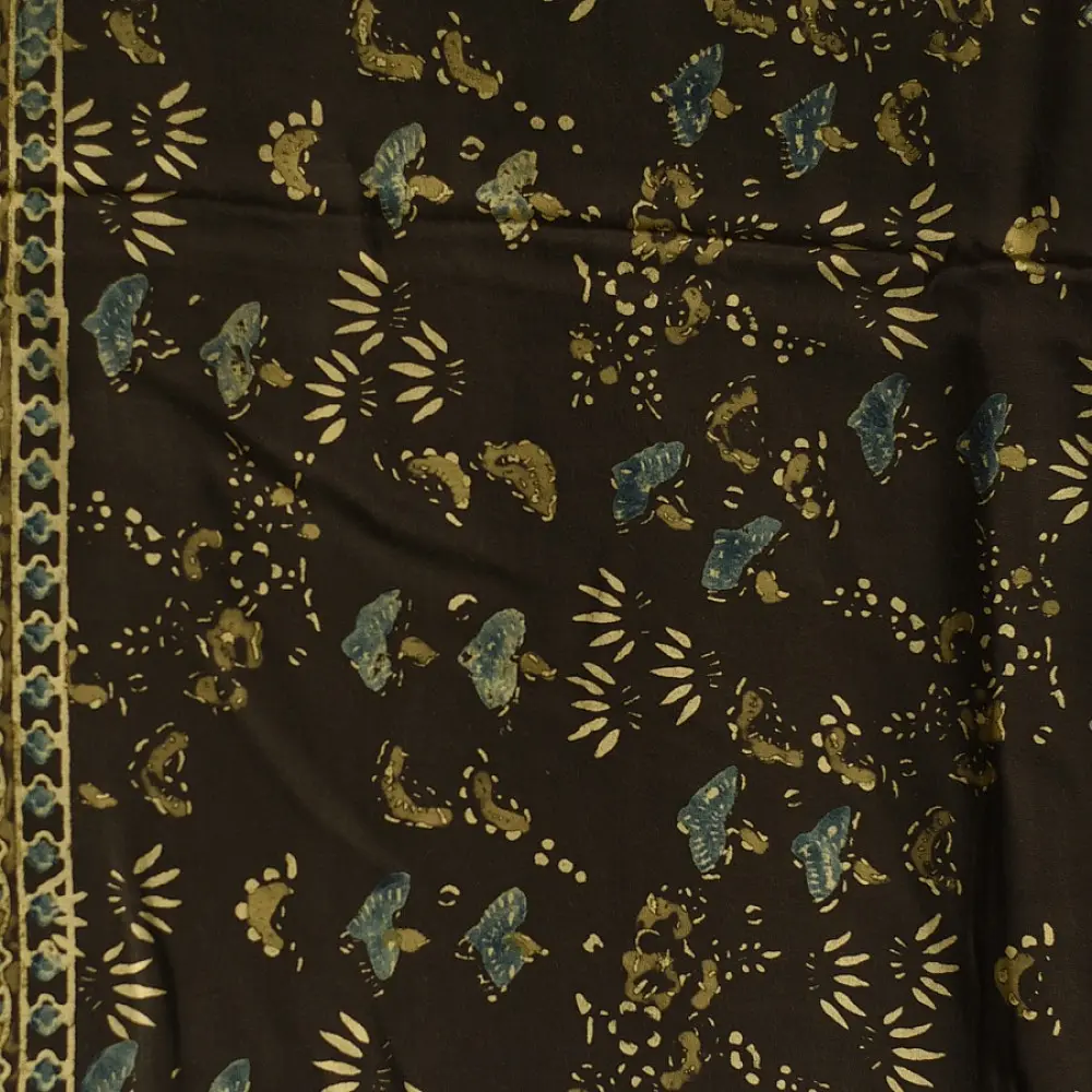 chocolate brown indigo blue moss green ajrakh modal silk dupatta hand block printed jhar floral sprig jaal body ornate circular medallion pallu traditional mihrab arched detail wedding festive wear sustainable luxury natural dyed with tassels