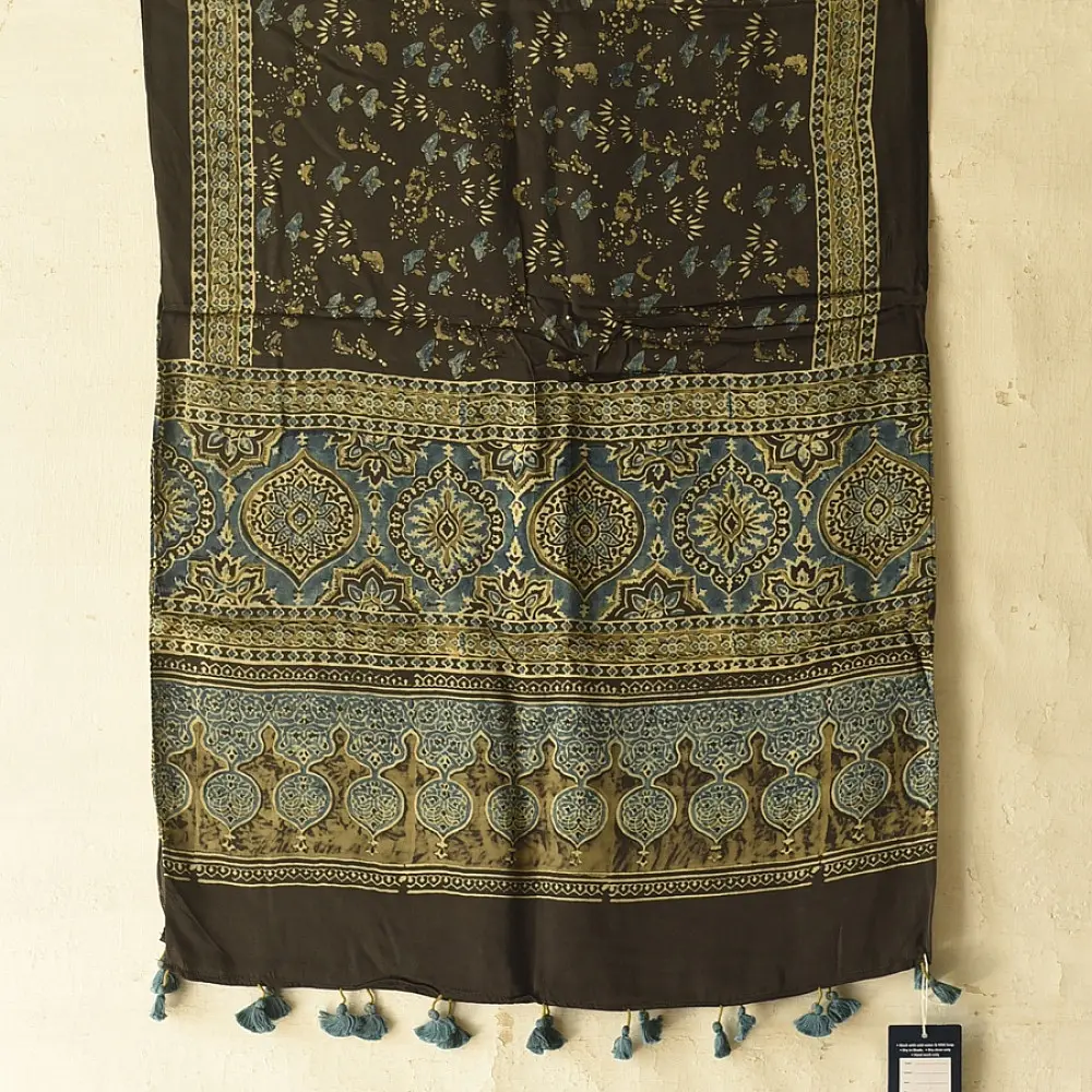 chocolate brown indigo blue moss green ajrakh modal silk dupatta hand block printed jhar floral sprig jaal body ornate circular medallion pallu traditional mihrab arched detail wedding festive wear sustainable luxury natural dyed with tassels