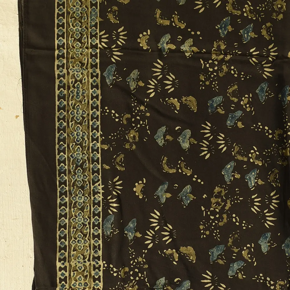 chocolate brown indigo blue moss green ajrakh modal silk dupatta hand block printed jhar floral sprig jaal body ornate circular medallion pallu traditional mihrab arched detail wedding festive wear sustainable luxury natural dyed with tassels