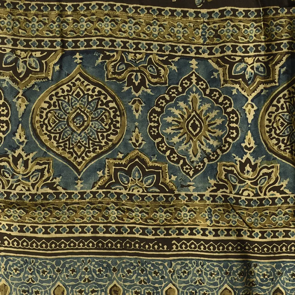 chocolate brown indigo blue moss green ajrakh modal silk dupatta hand block printed jhar floral sprig jaal body ornate circular medallion pallu traditional mihrab arched detail wedding festive wear sustainable luxury natural dyed with tassels