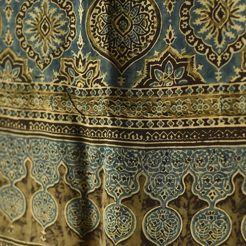 chocolate brown indigo blue moss green ajrakh modal silk dupatta hand block printed jhar floral sprig jaal body ornate circular medallion pallu traditional mihrab arched detail wedding festive wear sustainable luxury natural dyed with tassels