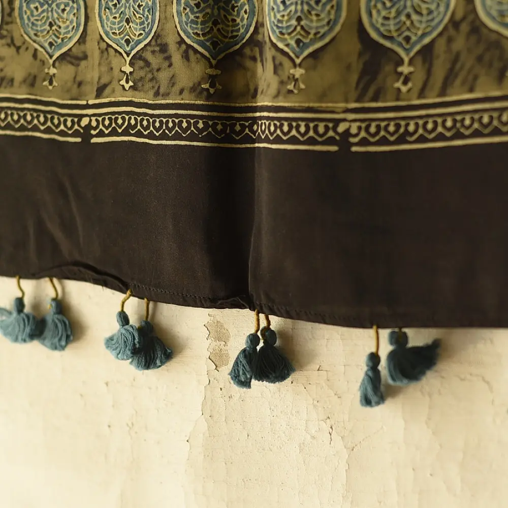 chocolate brown indigo blue moss green ajrakh modal silk dupatta hand block printed jhar floral sprig jaal body ornate circular medallion pallu traditional mihrab arched detail wedding festive wear sustainable luxury natural dyed with tassels