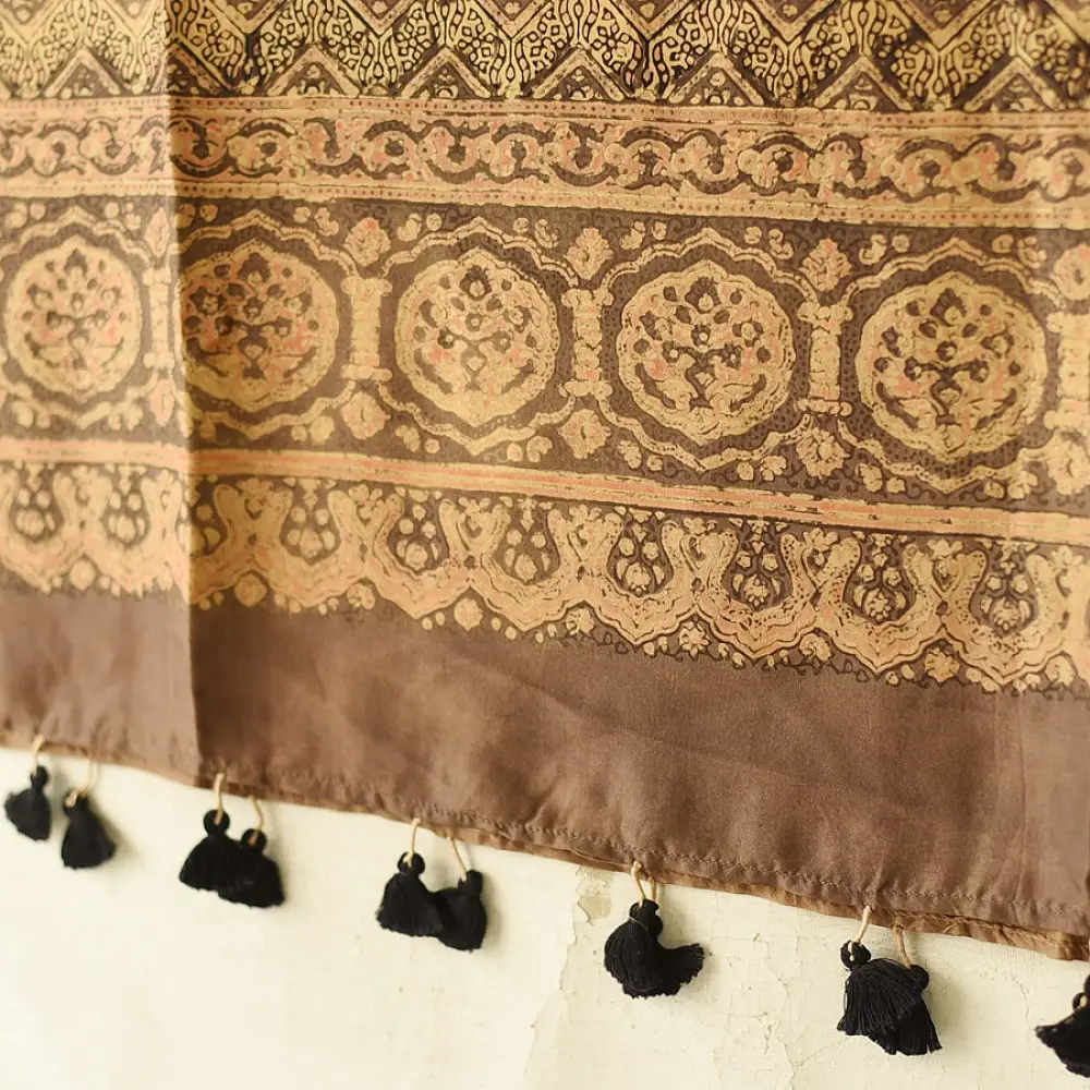 mulberry silk ajrakh dupatta mustard gold olive brown interlocking geometric floral jaal circular medallion palla block print hand block printed natural dyed silk dupatta