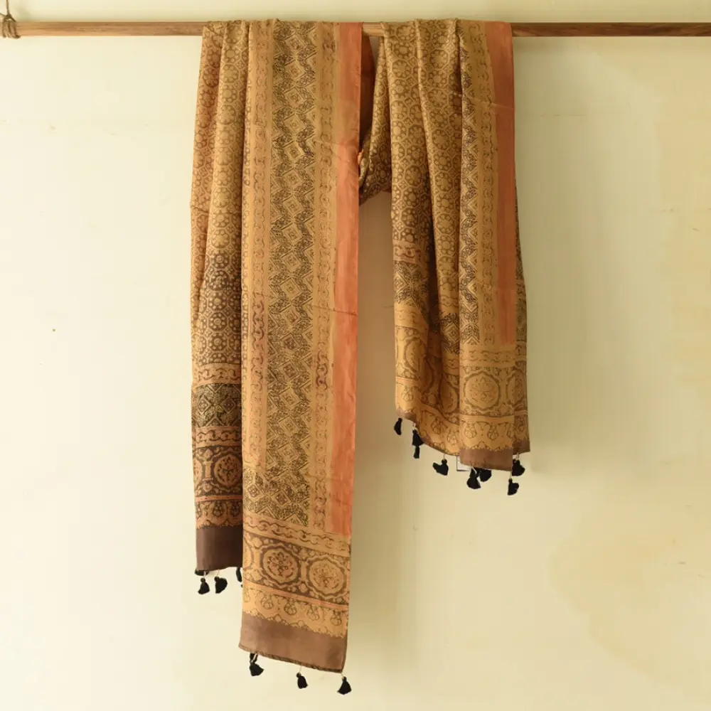 mulberry silk ajrakh dupatta mustard gold olive brown interlocking geometric floral jaal circular medallion palla block print hand block printed natural dyed silk dupatta