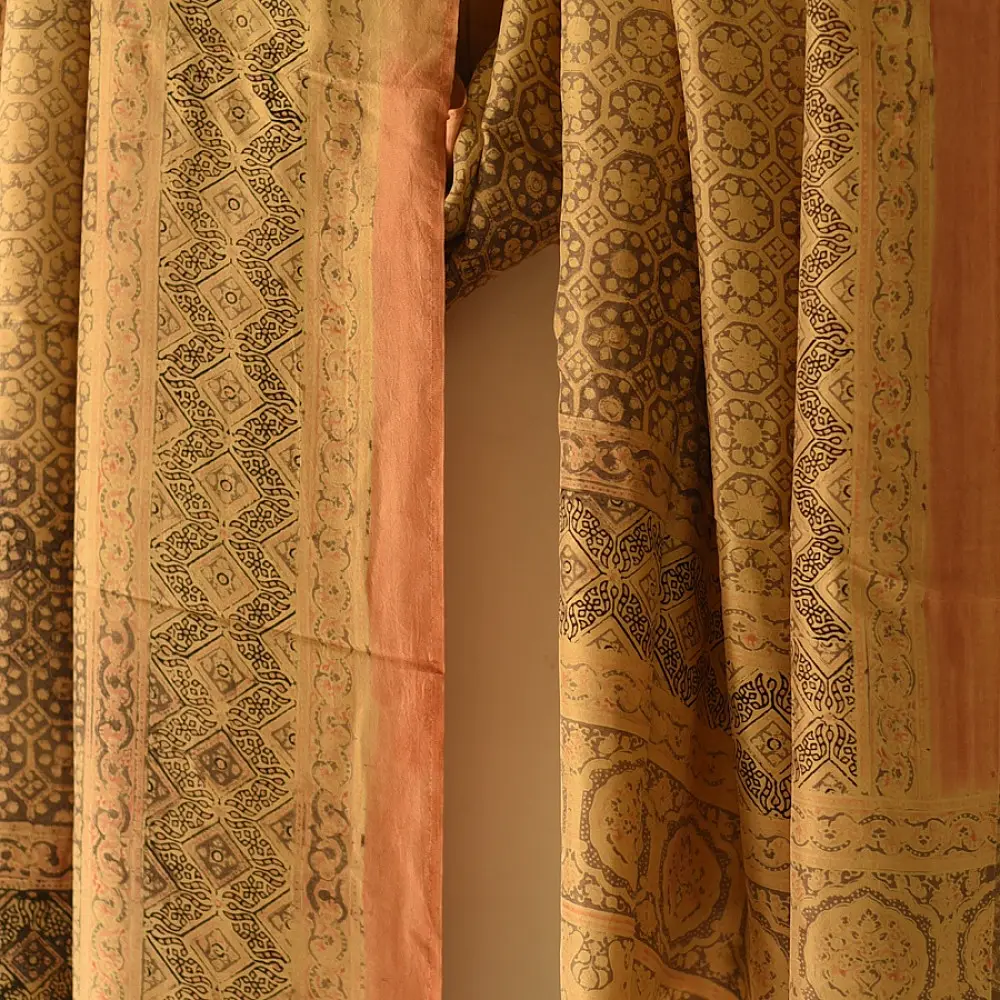 mulberry silk ajrakh dupatta mustard gold olive brown interlocking geometric floral jaal circular medallion palla block print hand block printed natural dyed silk dupatta