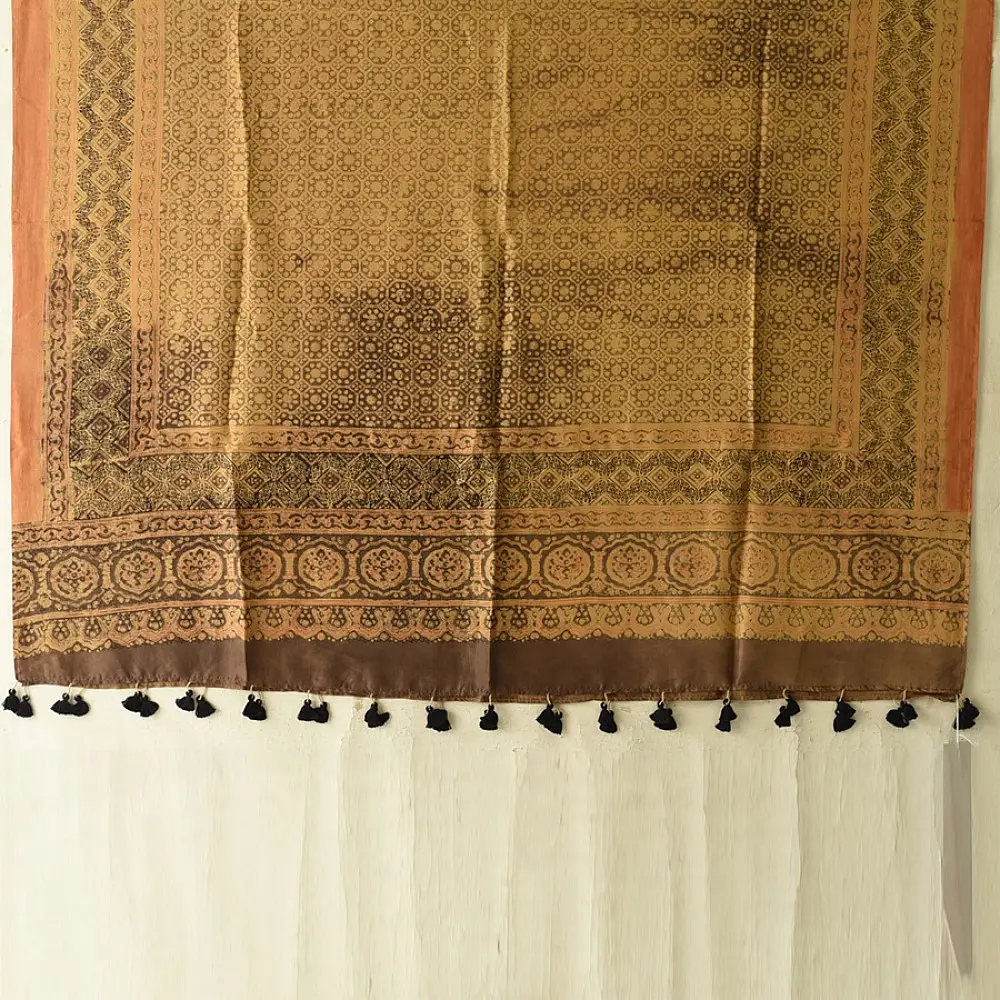 mulberry silk ajrakh dupatta mustard gold olive brown interlocking geometric floral jaal circular medallion palla block print hand block printed natural dyed silk dupatta