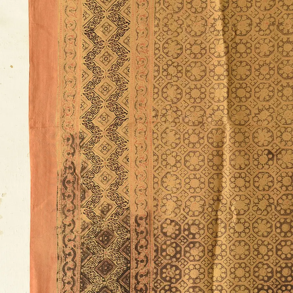 mulberry silk ajrakh dupatta mustard gold olive brown interlocking geometric floral jaal circular medallion palla block print hand block printed natural dyed silk dupatta