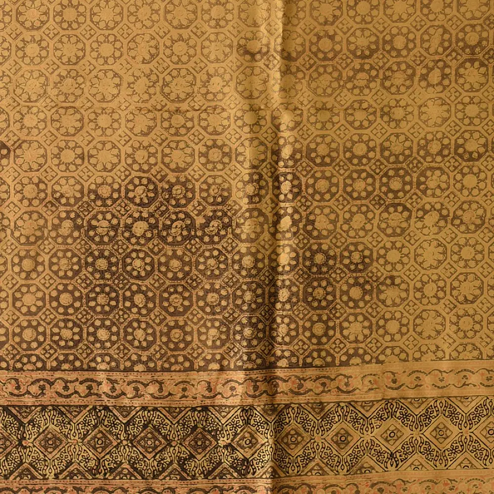 mulberry silk ajrakh dupatta mustard gold olive brown interlocking geometric floral jaal circular medallion palla block print hand block printed natural dyed silk dupatta