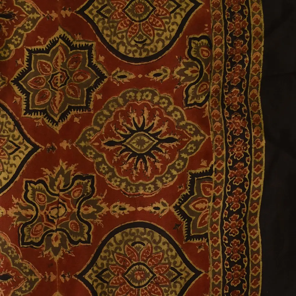 madder red ajrakh cotton square scarf black border floral medallion geometric star block print hand block printed natural dyed scarf tassels
