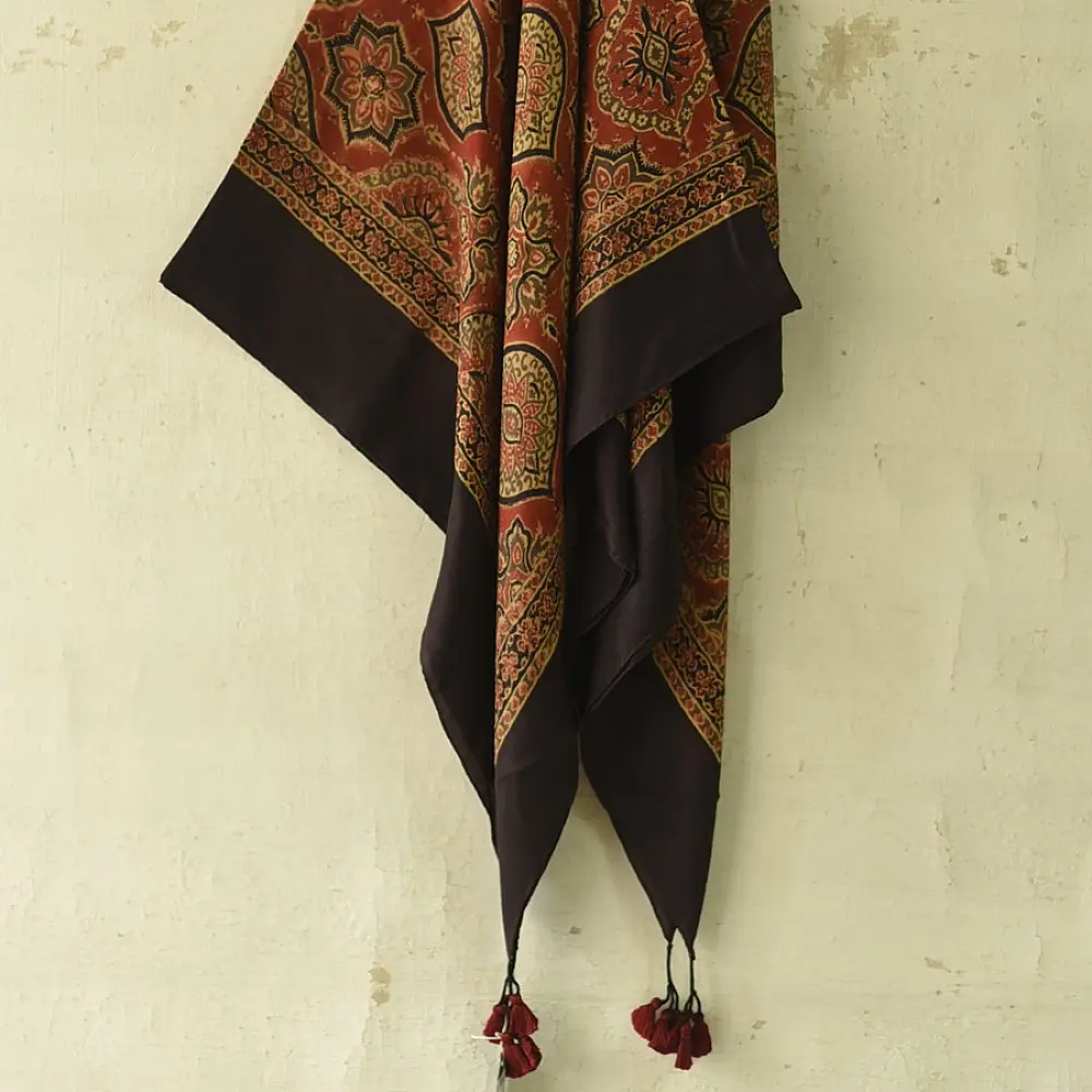 madder red ajrakh cotton square scarf black border floral medallion geometric star block print hand block printed natural dyed scarf tassels