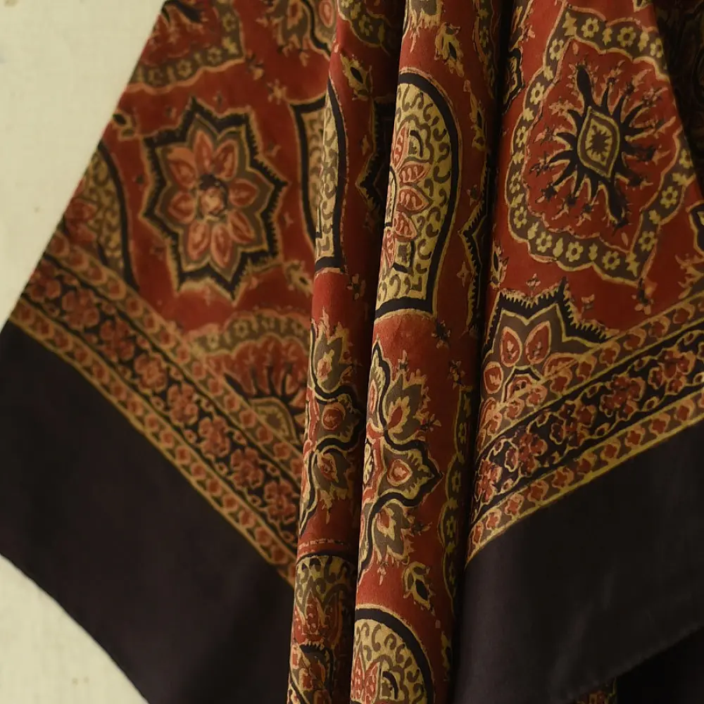 madder red ajrakh cotton square scarf black border floral medallion geometric star block print hand block printed natural dyed scarf tassels