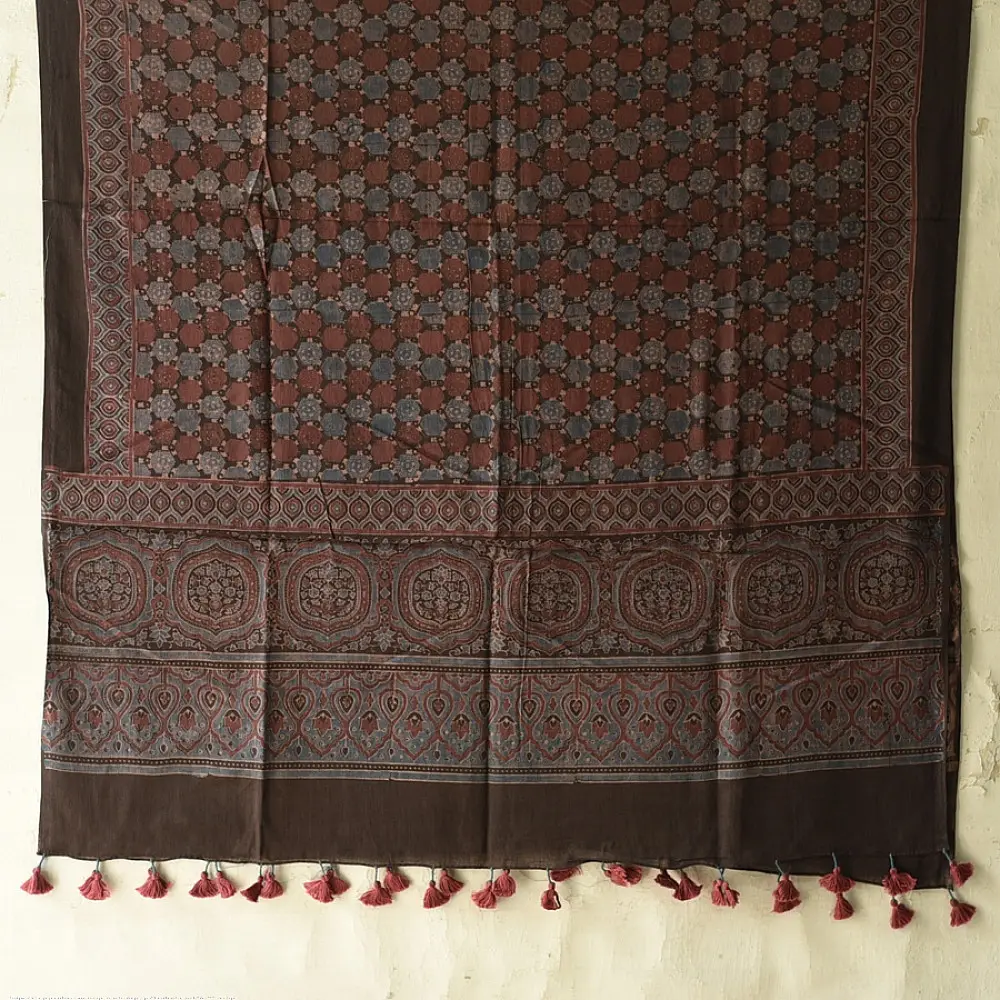 Ajrakh printed cotton dupatta with intricate hand carved block patterns