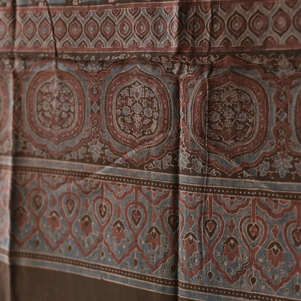Ajrakh printed cotton dupatta with intricate hand carved block patterns