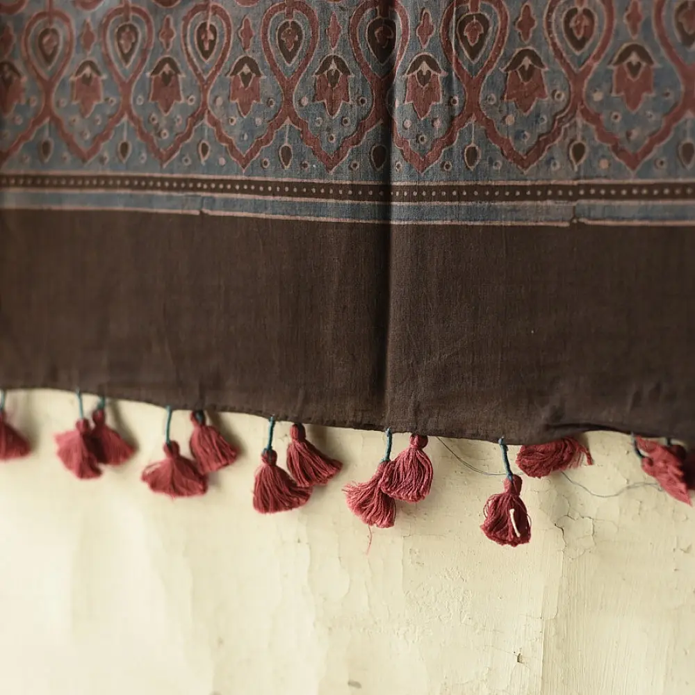 Ajrakh printed cotton dupatta with intricate hand carved block patterns