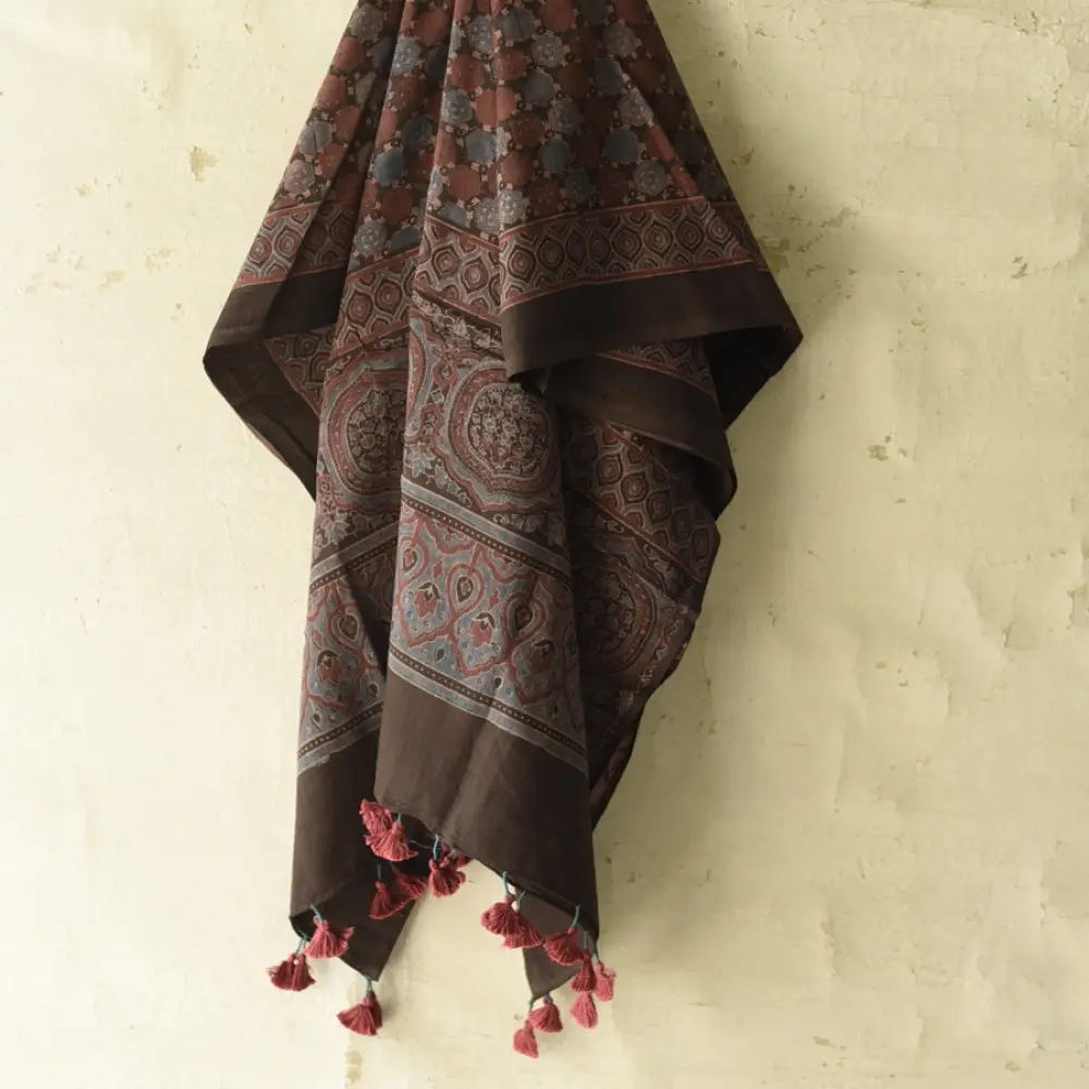 Ajrakh printed cotton dupatta with intricate hand carved block patterns