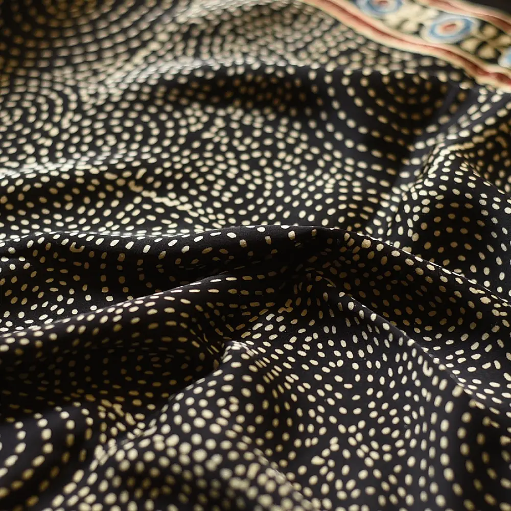 black gold ajrakh modal silk dupatta hand block printed large chand moon medallion bundi dot jaal body ornate eight-pointed star pallu traditional mihrab arched detail wedding festive wear sustainable luxury natural dyed with tassels