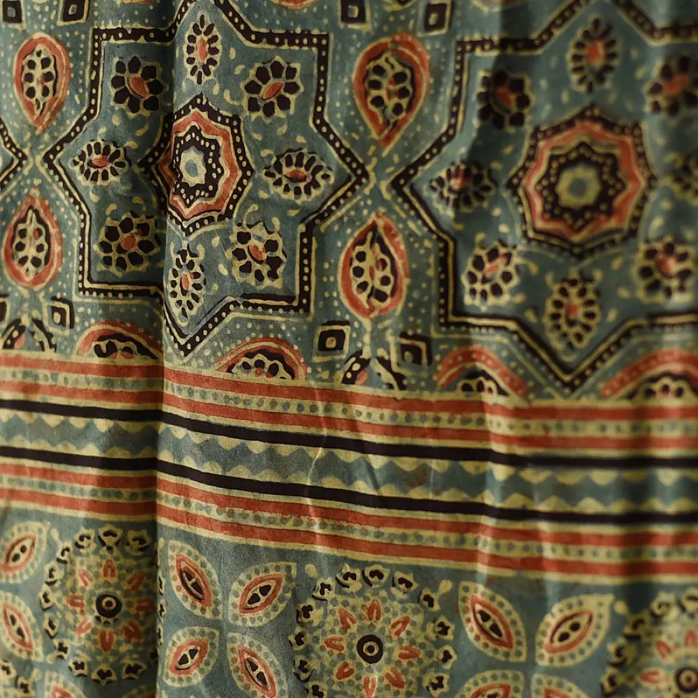 mulberry silk ajrakh dupatta olive green teal blue geometric star clover jaal block print heavy red black border hand block printed natural dyed silk dupatta
