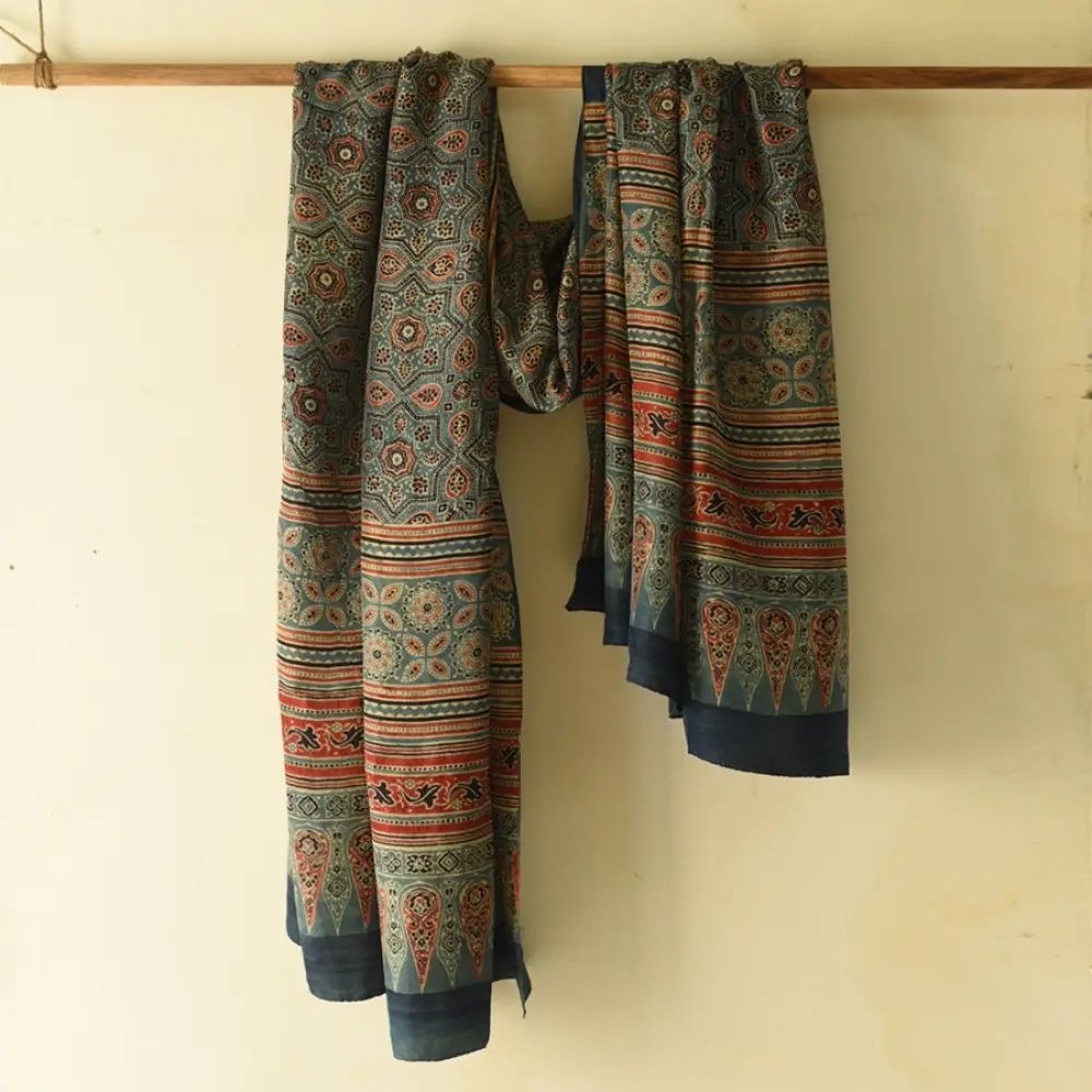 mulberry silk ajrakh dupatta olive green teal blue geometric star clover jaal block print heavy red black border hand block printed natural dyed silk dupatta