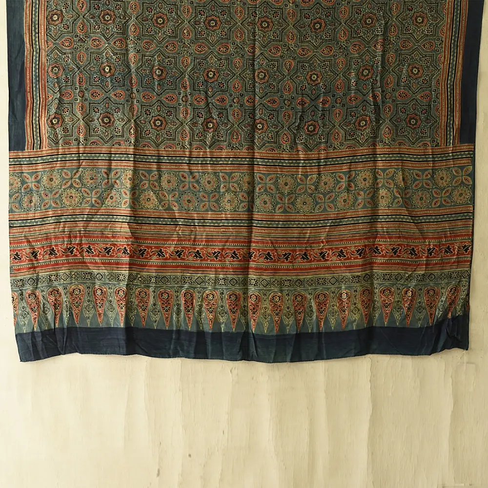 mulberry silk ajrakh dupatta olive green teal blue geometric star clover jaal block print heavy red black border hand block printed natural dyed silk dupatta