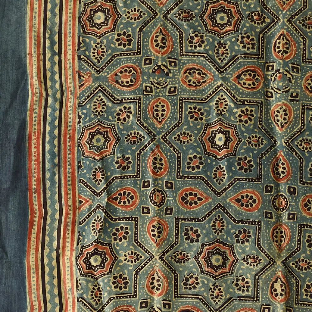mulberry silk ajrakh dupatta olive green teal blue geometric star clover jaal block print heavy red black border hand block printed natural dyed silk dupatta